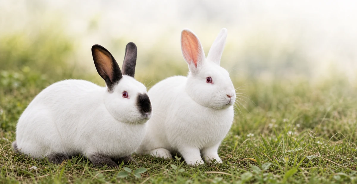 A Californian rabbit and a New Zealand White rabbit in meadow grass